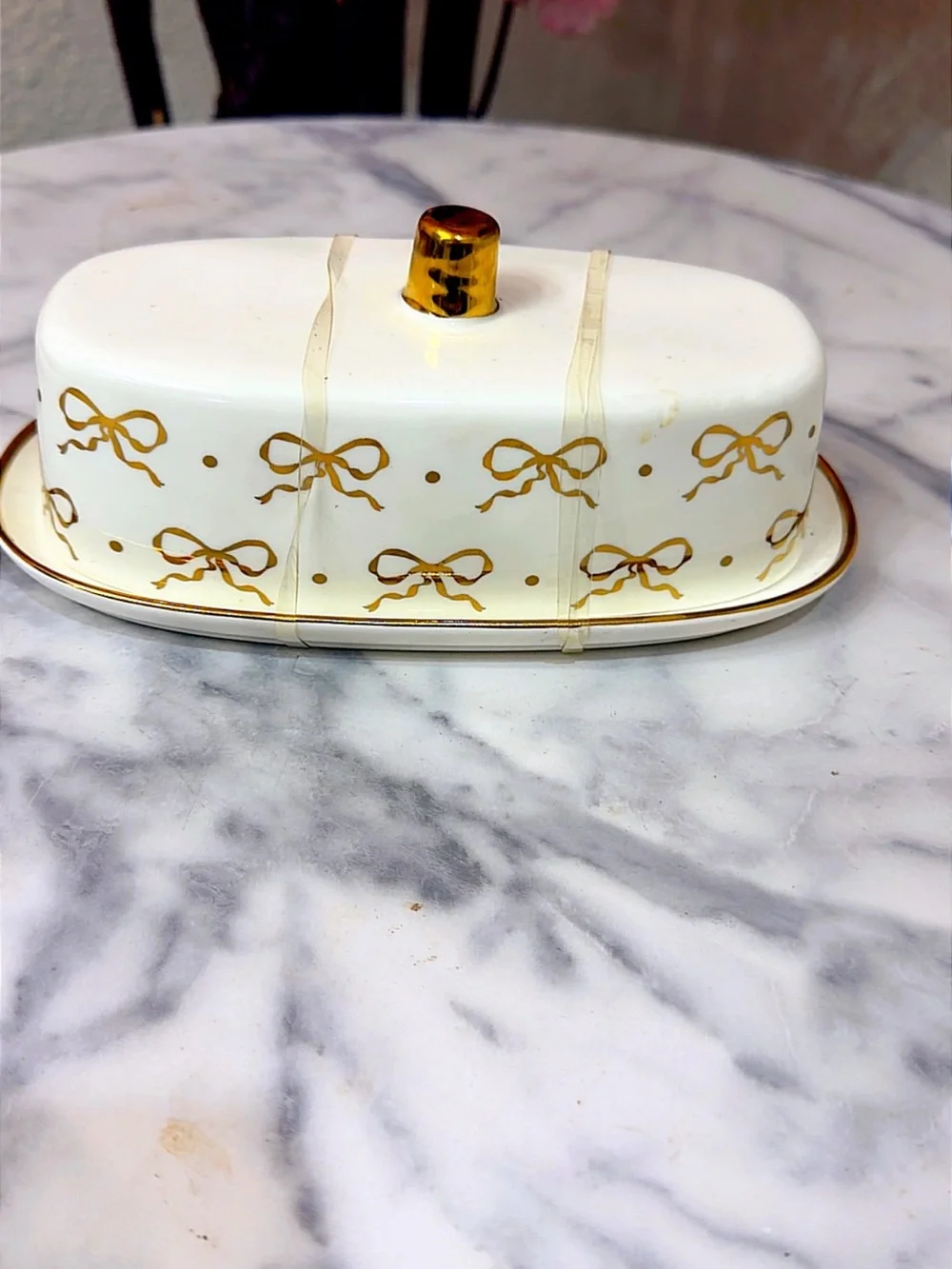 Ceramic Butter Dish with Gold Bow Motif